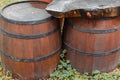 Old vintage wine barrel closeup. Texture of a wooden barrel Royalty Free Stock Photo