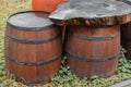 Old vintage wine barrel closeup. Texture of a wooden barrel Royalty Free Stock Photo