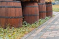 Old vintage wine barrel closeup. Texture of a wooden barrel Royalty Free Stock Photo