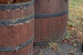 Old vintage wine barrel closeup. Texture of a wooden barrel Royalty Free Stock Photo