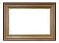 Old vintage wooden brown frame with golden lines on a white background Royalty Free Stock Photo