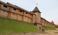 Old vintage wooden houses and citadel, ancient architecture of Kiev, park Kyivan Rus