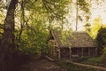 Old vintage wooden sauna house outdoors with no people in green countryside nature Royalty Free Stock Photo