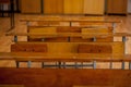 Old Vintage Wooden School Desks In Classroom