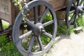 old vintage wooden wheel. wooden cart wheel of the 19th century Royalty Free Stock Photo