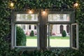 Old vintage wooden windows eluminated by lights