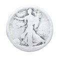 old vintage worn Walking Liberty half dollar is a silver 50 cent piece or half dollar coin that was issued by the United States S