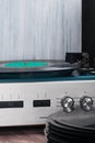 Old vinyl record player, background, close-up Royalty Free Stock Photo