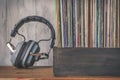 Old vinyl records and headphones Royalty Free Stock Photo