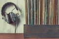 Old vinyl records and headphones