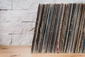 Old Vinyl records in the wooden shelf Royalty Free Stock Photo