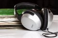 Old vinyls and headphones Royalty Free Stock Photo