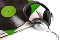 Old vinyls and headphones Royalty Free Stock Photo