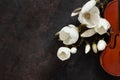 Old violin and blossoming magnolia brances. Top view, close-up on dark vintage background