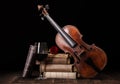 Old violin with books and red wine Royalty Free Stock Photo