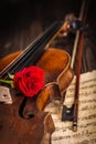 Old violin and bow with red rose Royalty Free Stock Photo