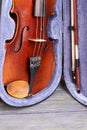 Old violin in case, vertical image. Royalty Free Stock Photo