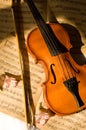 Old violin, fiddle-stick and music sheet Royalty Free Stock Photo