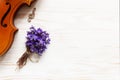 Old violin and little bunch of fresh violet hepatica on the white wooden background. Top view, close-up Royalty Free Stock Photo
