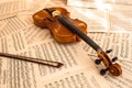 Old violin lying on the sheet of music Royalty Free Stock Photo