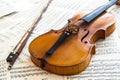 Old violin lying on the sheet of music Royalty Free Stock Photo