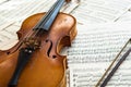 Old violin lying on the sheet of music