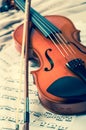 Old violin lying on the sheet of music, music concept Royalty Free Stock Photo