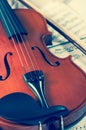 Old violin lying on the sheet of music, music concept Royalty Free Stock Photo