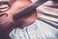 Old violin lying on the sheet of music, music concept Royalty Free Stock Photo