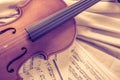 Old violin lying on the sheet of music, music concept Royalty Free Stock Photo