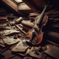 Old violin and scattered music sheets in an attic