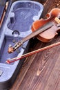 Old violin on wooden background. Royalty Free Stock Photo