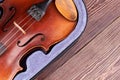 Old violin on wooden background. Royalty Free Stock Photo