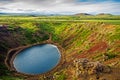 Old volcanic crater with a lake in beautiful Icelandic landscape. Kerid crater in Iceland Royalty Free Stock Photo