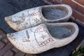 Old vontage Dutch wooden clogs, footwear Royalty Free Stock Photo