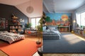 Old vs. New A Split Comparison of Renovated Kids' Bedrooms. AI Royalty Free Stock Photo