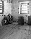 Old wagon wheel and barrel at Batsto Village NJ Royalty Free Stock Photo