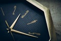 An old wall clock lies on a window sill with peeling paint, the clock hands are made of yellow metal and the dial is black Royalty Free Stock Photo