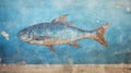 Old wall fresco of fish, cracked vintage mural of animal, ancient art Royalty Free Stock Photo