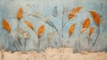 Old wall painting of plants like Ancient fresco, flowers on light blue cracked plaster background. Concept of art, beauty, vintage