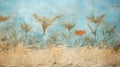 Old wall painting of plants like Ancient fresco, flowers on light blue cracked plaster background. Concept of art, beauty, vintage Royalty Free Stock Photo