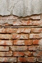 Old Wall of red bricks and damaged broken plaster, abstract background. Brick wall building Royalty Free Stock Photo