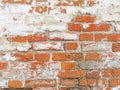 Red, Terracotta and White Brick Background. Old Wall of Red Bricks and White Brayed and Cracked Old Paint. Royalty Free Stock Photo