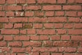 Old wall reddish bricks as a horizontal texture outside a building.