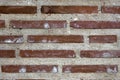 Old wall with reddish bricks and concrete outside.