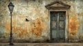 A weathered door and lamppost with a single bird perched on the wall Royalty Free Stock Photo