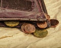 Old wallet and euro coins cents. Euro money. Royalty Free Stock Photo