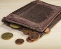 Old wallet and euro coins cents. Euro money. Royalty Free Stock Photo