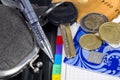 The old wallet, pen, diary, key, credit cards and coins Royalty Free Stock Photo