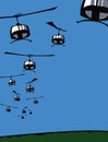 Old war movie. Formation of helicopters in the blue sky. Royalty Free Stock Photo